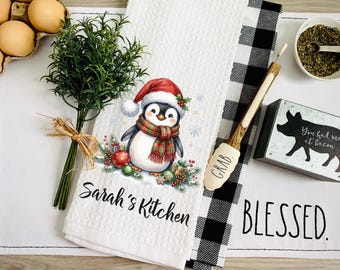 penguin kitchen towel,personalized towel,personalized gift,cute penguin,whimsical gift,penguin lover gift,Christmas towel,friend birthday gi