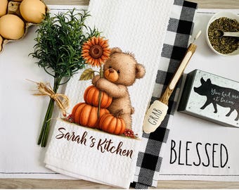 bear fall towel,personalized towel,personalized gift,fall kitchen towel,fall home  decor,pumpkin decor,cute kitchen decor,bear lover gift
