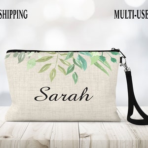 Personalized Bag, Personalized Wristlet, Cute Bag, Flowered Bag, Greenery, Watercolor Greenery, Floral Bag, Makeup Bag, Bridal, Wristlet