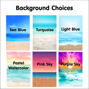 May include: Six different beach background options for digital design projects. The options include sea blue, turquoise, light blue, pastel watercolor, pink sky, and purple sky.