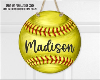 Softball Sign, Personalized Softball Sign, Sports Decoration, Door Hanger, Softball Door Hanger, Softball Family, Softball Gifts, Softball