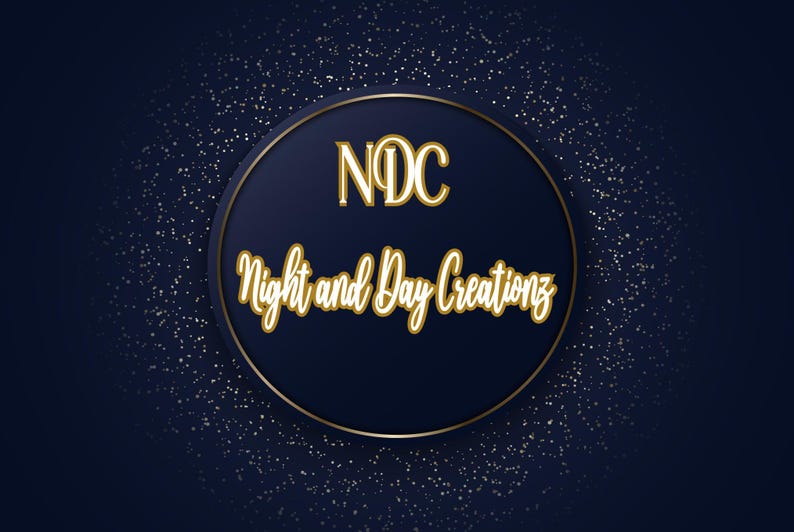 May include: A circular logo featuring a dark blue background with a gold border and gold text. The letters NDC appear at the top, while the words Night and Day Creationz are written in a cursive script below, surrounded by white glittery specks.