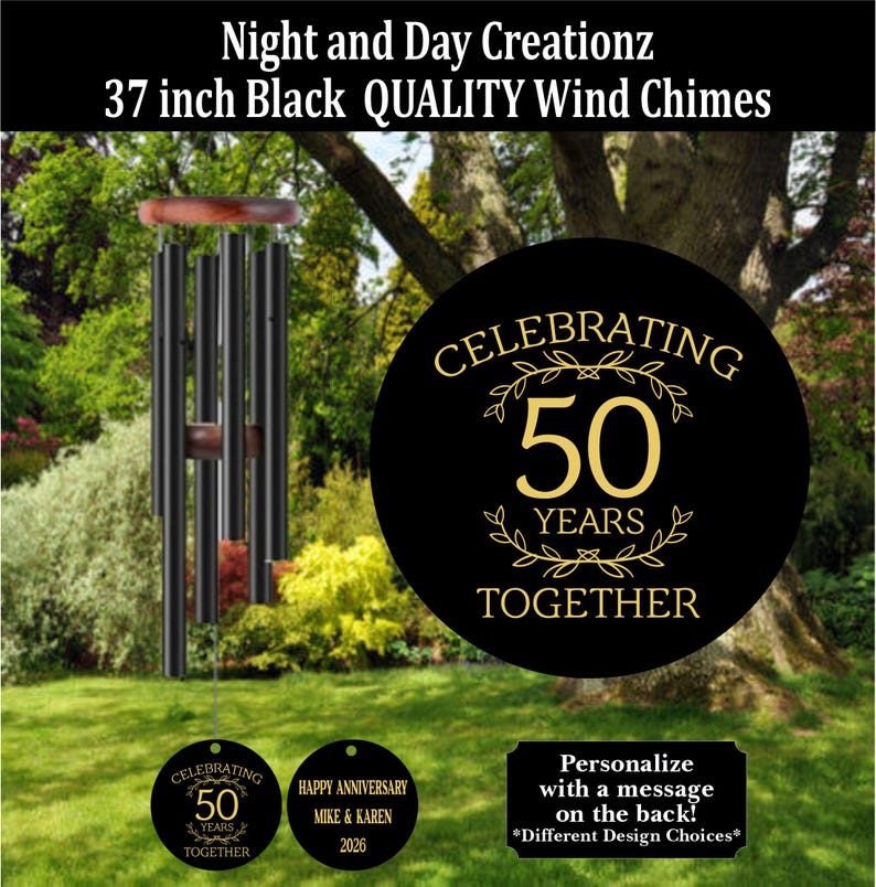 May include: Black wind chimes, 37 inches long, with a wooden top and accents. The chimes have a round black emblem that says "Celebrating 50 Years Together." Additional tags read "Happy Anniversary Mike & Karen 2026."