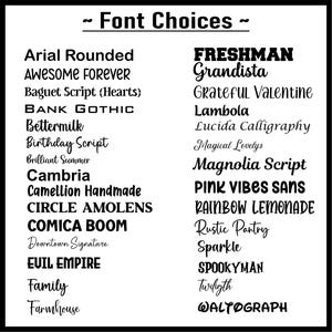 May include: A black and white chart titled Font Choices displaying a list of thirty-two distinct typeface names in their respective styles, including Arial Rounded, Awesome Forever, Baguet Script, Bank Gothic, Bettermilk, Birthday Script, and others.