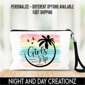 Personalized Girls Trip Cosmetic Bag: Linen Travel Wristlet