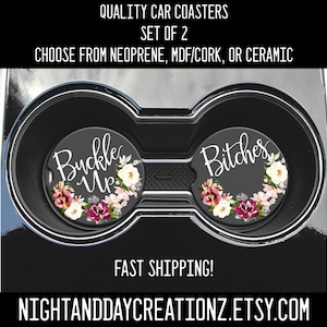 Funny Car Coaster Set: Buckle Up, Floral Car Accessory