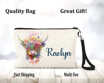 Hyland Cow Bag, Hyland Wristlet, Personalized Bag, Hyland Cow, Floral Bag, Rustic Bag, Custom Wristlet