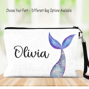 Personalized Mermaid Linen Bag: Girls Cosmetic Wristlet