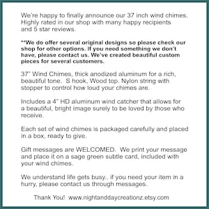 May include: Text on a green background announces 37-inch wind chimes with a rich tone, S hook, wood top, and nylon string. The wind chimes include a 4-inch HD aluminum wind catcher. The text also mentions custom pieces and gift messages.