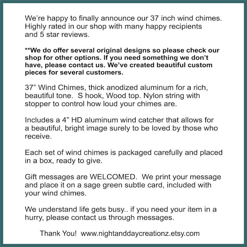 May include: Text on a green background announces 37-inch wind chimes with a rich tone, S hook, wood top, and nylon string. The wind chimes include a 4-inch HD aluminum wind catcher. The text also mentions custom pieces and gift messages.