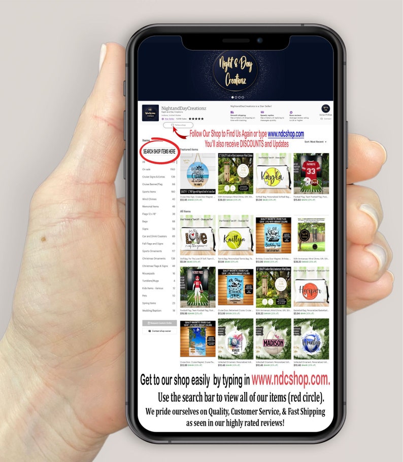 May include: A smartphone displaying an Etsy shop page, held by a hand. The shop's name is "Night and Day Creationz." Text on the screen includes "SEARCH SHOP ITEMS HERE" and shop details. The shop sells various items.