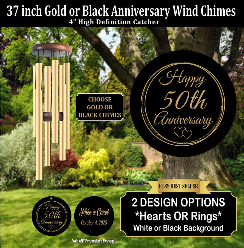 50th anniversary wind chime. Personalized 50th anniversary gift. Gold wind chimes. Golden anniversary. Gift. 50th wedding anniversary. 50th anniversary gift. Golden 50th. Wind chimes. Custom wind chimes. Personalized custom 50th.