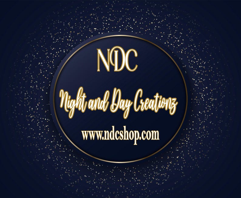 May include: A navy blue logo with gold text and a gold border. The logo reads "NDC Night and Day Creations" and includes the website address www.ndcshop.com. The background is a dark blue with gold speckles.