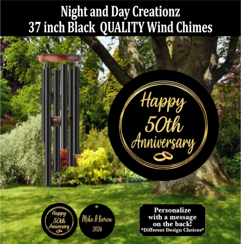May include: Black wind chimes, 37 inches long, with a wooden top and clapper. The wind chimes have a black finish and are hanging in a garden setting. The image includes a black disc with gold text that reads "Happy 50th Anniversary".