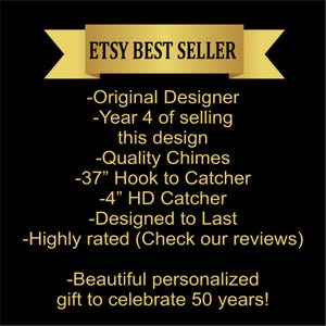 May include: A black background with gold text and a gold banner that reads "ETSY BEST SELLER". The text describes a personalized gift, including "Quality Chimes" and a 37-inch hook to catcher.