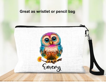 Personalized Wristlet, Personalized Gift, Teen Bag, Cosmetic Bag, Utility Bag, Wristlet, Period Bag, Pencil Pouch, Pen Bag, Girl Gift, Owl