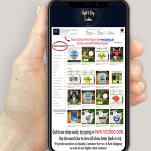 May include: A smartphone screen displaying the Night & Day Creations Etsy shop interface. The page features a grid of various personalized items, a search bar highlighted by a red circle, and text directing users to visit www.ndcshop.com for updates.