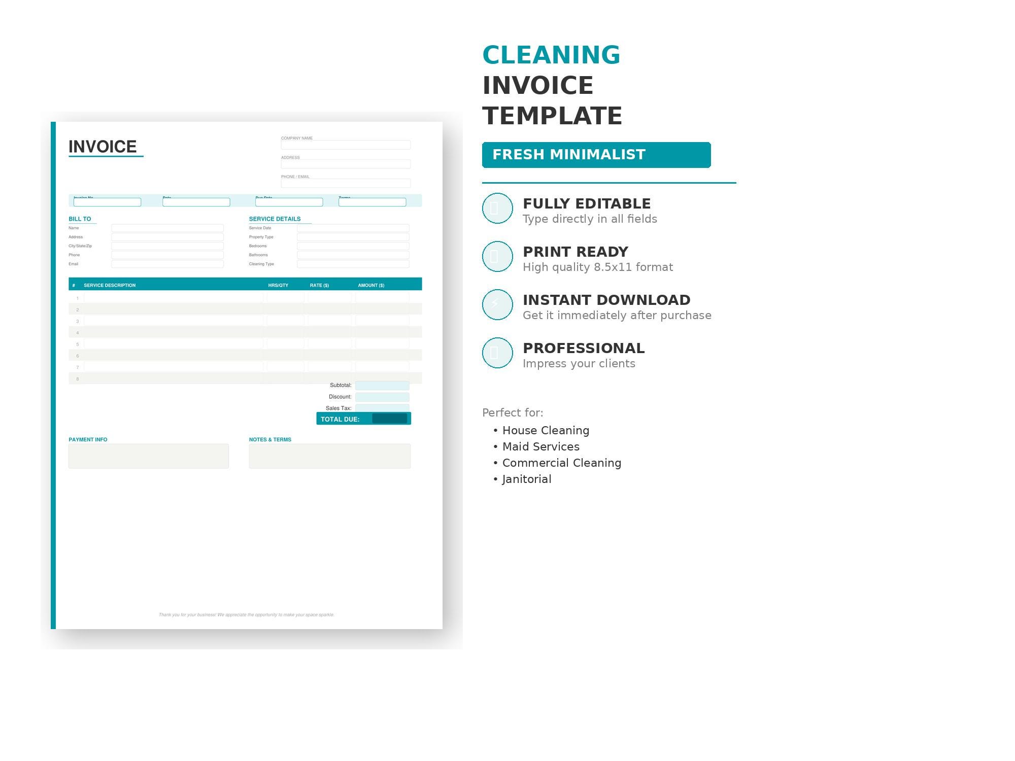 Professional Invoice Template for Cleaning Services | Minimalist Fresh ...