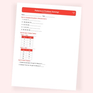 May include: A white worksheet with red headers titled "Patterns & Problem Solving!" and "Grade 3." The worksheet includes pattern completion, input/output tables, and brain teasers. The text is in black.