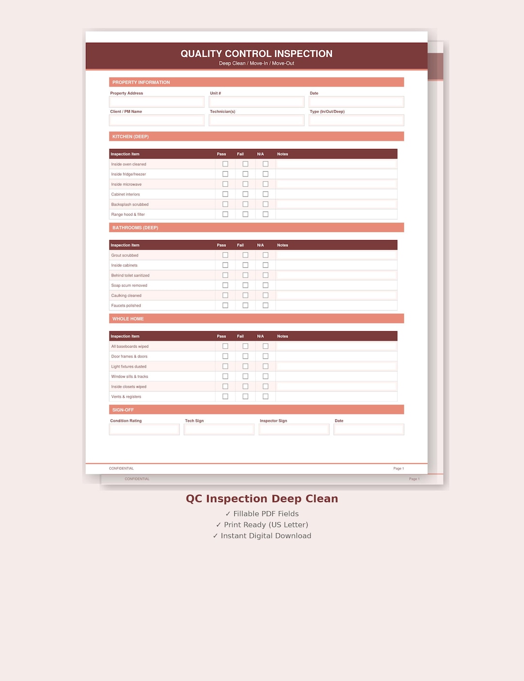 Cleaning Inspection Checklist | Move In/out, Deep Clean (fillable PDF ...
