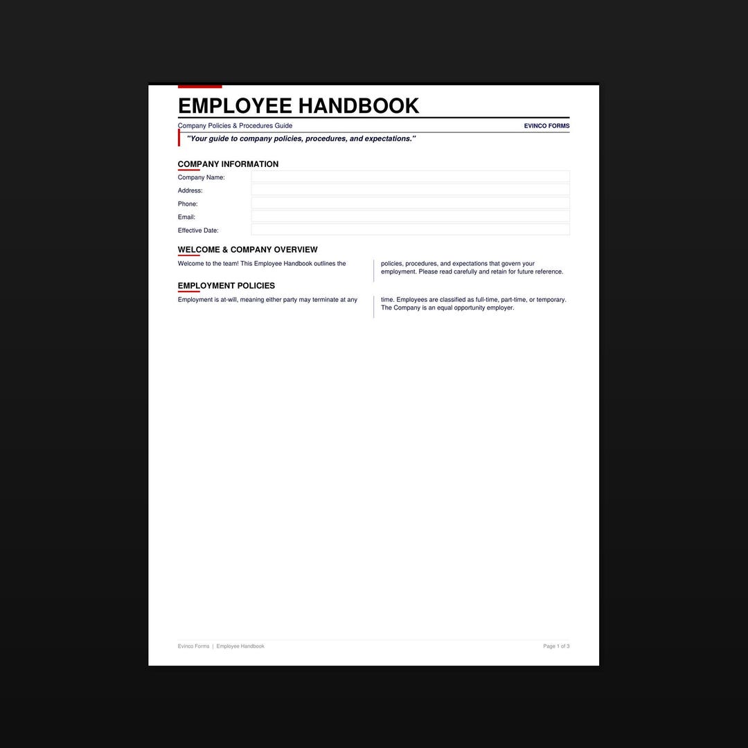 Fillable Employee Handbook Template | Company Policy Manual (PDF ...