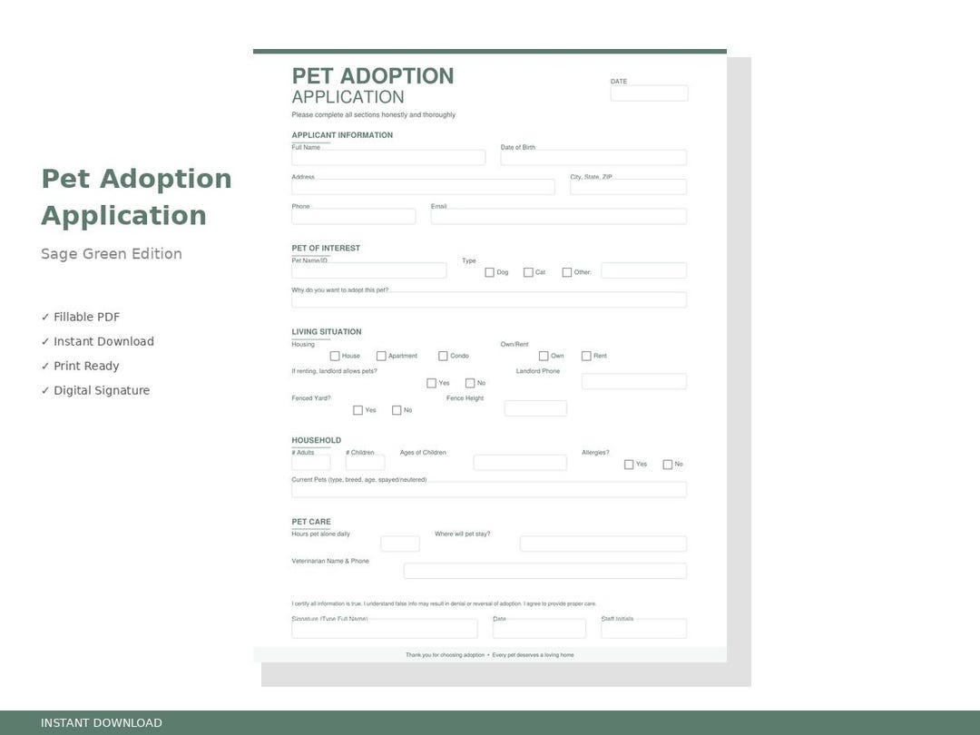 Pet Rescue Application Examples Pet Adoption Application PDF | Sage Green | Animal Shelter Form | Dog ...