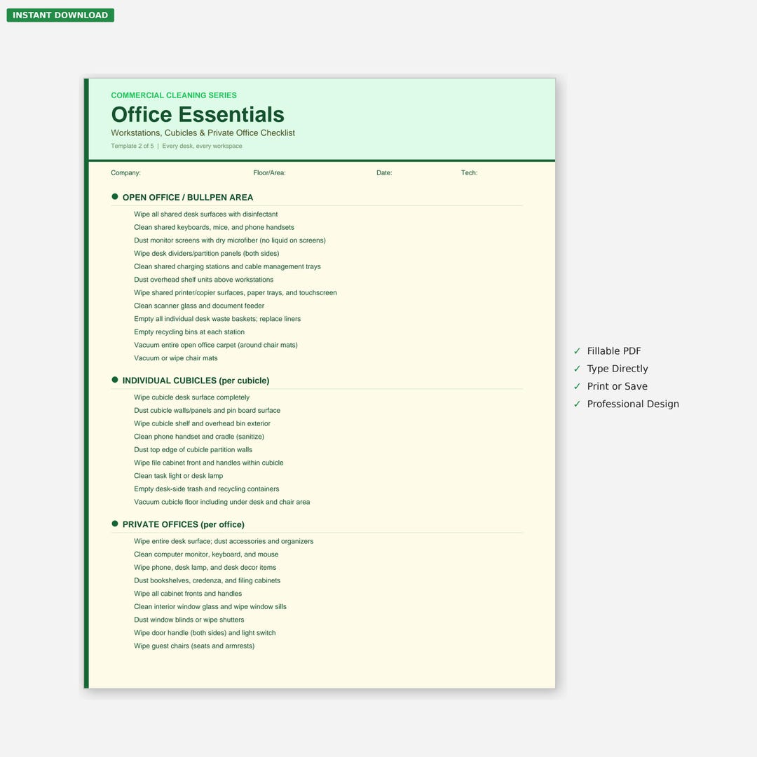 Office Cleaning Checklist | Commercial Workstation, Cubicle, Executive ...