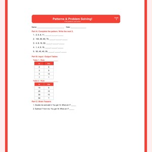 Può includere: Un foglio di lavoro bianco con bordi rossi e il titolo "Patterns & Problem Solving!". Il foglio di lavoro include il completamento del modello, tabelle di input/output e rompicapo. Il livello scolastico è indicato come 3.