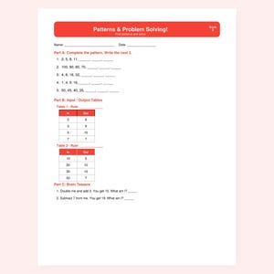 May include: A white worksheet with the title "Patterns & Problem Solving!" in red. The worksheet includes math problems for Grade 3, such as completing patterns and solving input/output tables. There are also brain teasers.