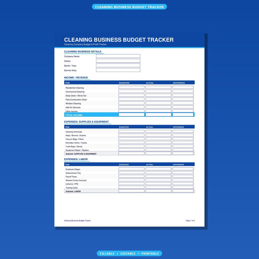 Cleaning Business Budget Tracker | Fillable PDF - Etsy