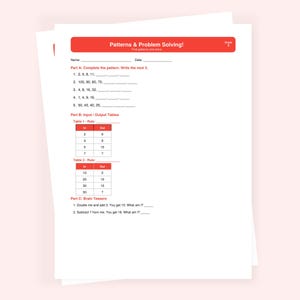 May include: A worksheet titled "Patterns & Problem Solving!" with math problems for Grade 3. The red header includes the title and the grade level. The worksheet includes pattern completion, input/output tables, and brain teasers.