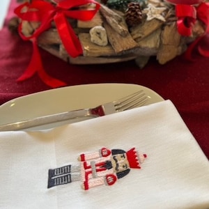 Puede incluir: Una servilleta de lino blanca con un diseño de cascanueces bordado en rojo y blanco. La servilleta está doblada y colocada sobre un plato blanco con un tenedor de plata. El plato está sobre un mantel rojo.