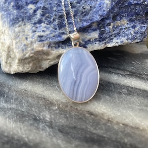 Large, High Grade Blue Lace Agate Silver Necklace - 925 stamped