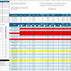 Può includere: Foglio di calcolo che mostra le statistiche dei giocatori di hockey fantasy, inclusi nomi, posizioni e metriche di prestazione. I dati sono organizzati in colonne e righe, con celle evidenziate.