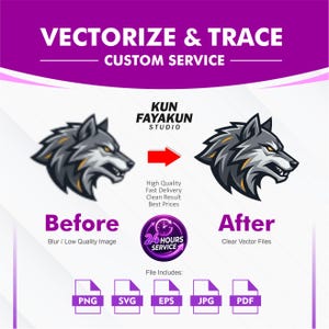 May include: A graphic design service advertisement titled VECTORIZE & TRACE CUSTOM SERVICE. It displays a blurry wolf head icon labelled Before and a sharp, clear wolf head icon labelled After, separated by a red arrow. Includes file icons for PNG, SVG, EPS, JPG, and PDF.