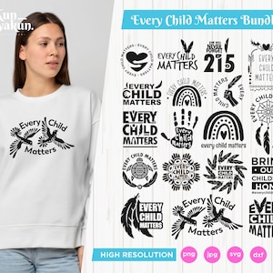 May include: A bundle of 15 black and white digital designs featuring the phrase "Every Child Matters" in various styles. The designs include a heart, a rainbow, a handprint, a turtle, a feather, and a dreamcatcher. The designs are perfect for creating t-shirts, mugs, tote bags, and other crafts.