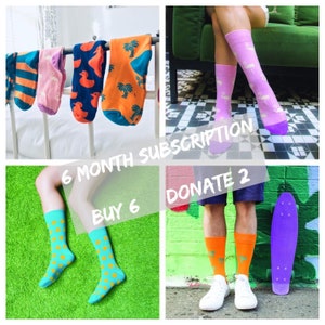 May include: A collage of four images featuring colorful socks with various patterns. The top left image shows five pairs of socks hanging on a white metal rack. The top right image shows a person wearing pink socks with flamingo designs. The bottom left image shows a person wearing blue socks with orange polka dots. The bottom right image shows a person wearing orange socks with palm tree designs and a purple skateboard.