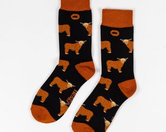 BAMBUSSOCKEN | KUH | Highland Kuh Socken | Bauernhof Tier Socken | Schwarze Socken | Geschenk für Ihn | Geschenk für sie | Geschenke vom Bauernhof | Bauernhof Geschenke