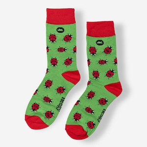 May include: A pair of green socks with a red cuff and toe. The socks are patterned with red ladybugs. The brand name "Heugy" is printed on the side of each sock. A black emblem is printed on the cuff.