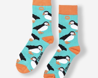 BAMBOO SOCKS | PUFFIN | Bird Socks | Blue Socks | Bright Socks | Colourful Socks | Birthday Gift | Novelty Socks | Funky Socks | Eco
