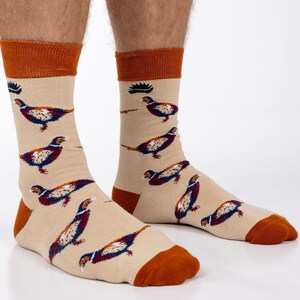 May include: A pair of beige socks with a brown cuff and a repeating pattern of colourful pheasants.