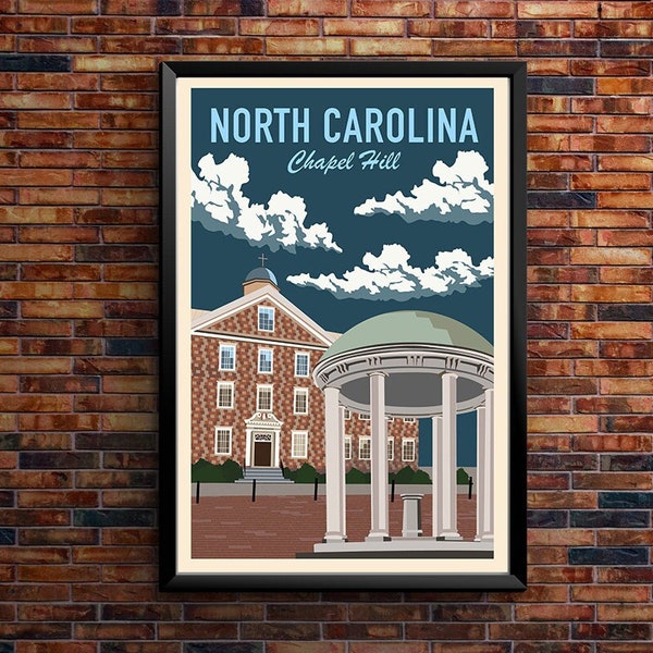 UNC Chapel Hill, Old Well Retro Wall Art, University of North Carolina Tar Heels, UNC North Carolina Blue Decor, Vintage Retro Poster Print