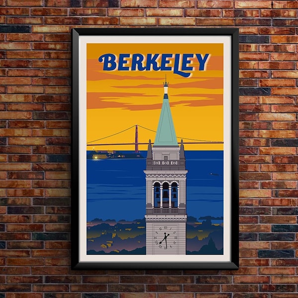 California Berkeley, University of California Berkley Wall Art, Golden Bears, Blue and Gold, San Francisco Bay, Vintage Retro Poster Print