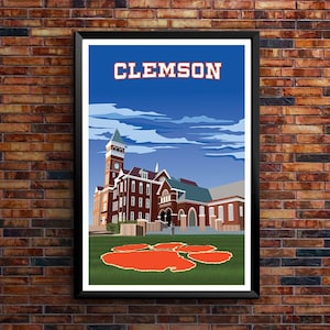 Clemson University Retro Wall Art, Tillman Hall, Clemson Tigers Decor, Orange Tiger Paw Print, Vintage Retro Poster Print