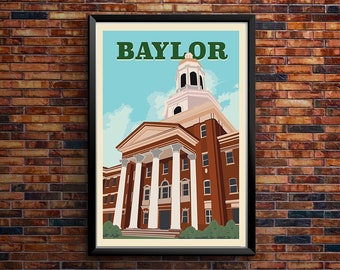 Baylor University Retro Wall Art, Pat Neff Hall Campus, Baylor Bears Decor, Waco Texas, Vintage Retro Poster Print