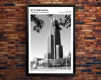 University of Pittsburgh Cathedral of Learning, 1900s Vintage Black & White Photo, Pitt Panthers Decor, Historic Wall Art Poster Print