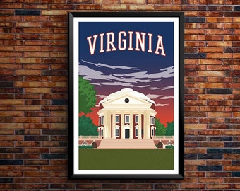 University of Virginia Cavaliers, UVA Rotunda Retro Vintage Poster, Blue and Orange Decor, Virginia Wahoos Wall Art, Vintage Retro Print