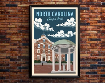UNC Chapel Hill, Old Well Retro Wall Art, University of North Carolina Tar Heels, UNC North Carolina Blue Decor, Vintage Retro Poster Print