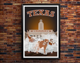 University of Texas Longhorns Retro Poster, Texas Longhorns Burnt Orange Wall Art, UT Austin Decor, Vintage Retro Poster Print