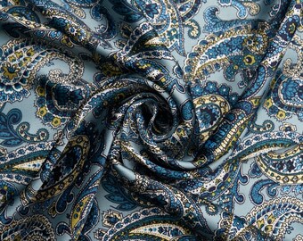 CHARMEUSE silky SATIN fabric by the yard - Blue gray green paisley print   - USA printed and designed - Fast  shipping!